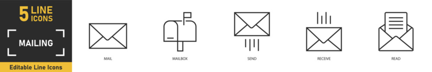 Mail line icon set. Set of 5 outline icons related to mail, mailbox, send, receive, read and more. Vector illustration.