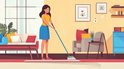 A woman sweeping the living room floor in a cozy and colorful home setting during the daytime
