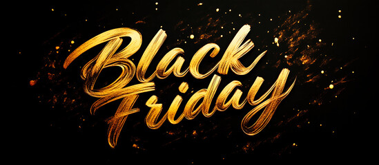Gold "Black Friday" text on a black background with golden splatters and brushstrokes, conveying a bold and luxurious feel for sales and promotional materials