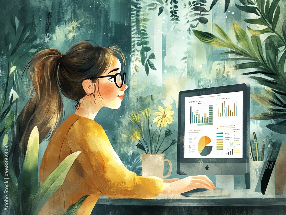 Poster woman in yellow sweater working on computer with charts and graphs on screen.