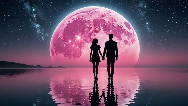 pareja de la mano caminando hacia luna gigante rosa