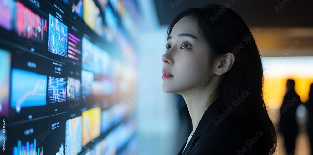 Poster woman looking at a screen displaying data visualizations in a digital space.