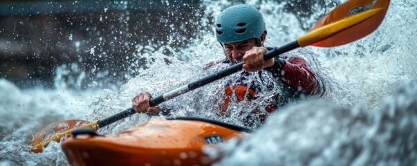 Naklejka premium Closeup of a kayaker navigating fast river rapids, water splashing dramatically, intense expression of thrill and focus, adventure sports theme