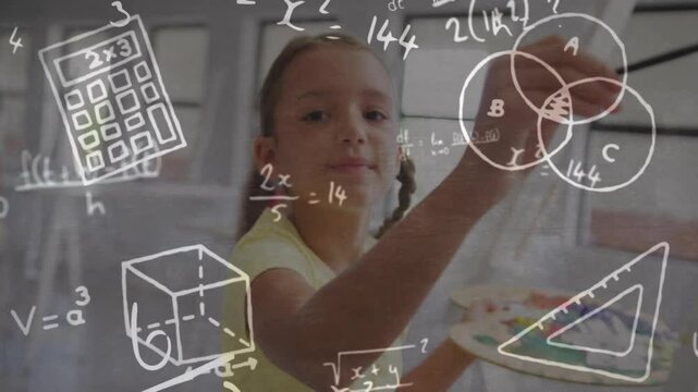 Animation of mathematical data processing over biracial schoolgirl at school