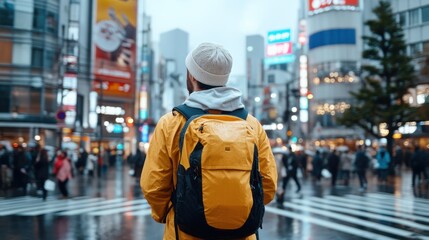 Fototapeta premium A person in a vibrant yellow jacket and backpack stands in a busy city intersection, surrounded by tall buildings, neon signs, and bustling crowds, symbolizing adventure and urban life.