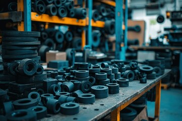 Obraz premium Industrial Workshop with Stacked and Scattered Metal Rings