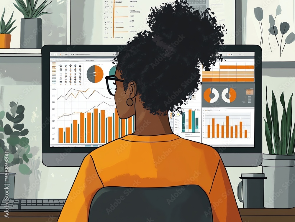Poster woman working on her computer with graphs and charts on the screen.