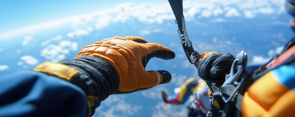 Closeup on skydivers gloved hands pulling the parachute release, wind and sky blending into motion, moment of action in freefall