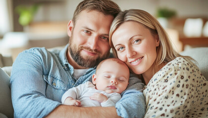 Obraz premium Happy young family relaxing with newborn baby at home