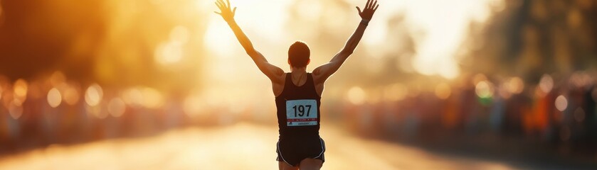 Triumphant Marathon Runner Crossing Finish Line at Sunset with Raised Arms in Victory