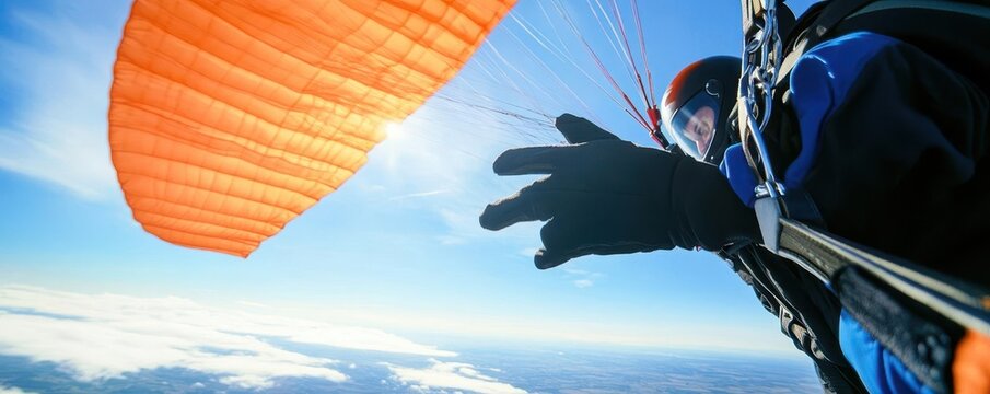 Closeup on skydivers gloved hands pulling the parachute release, wind and sky blending into motion, moment of action in freefall