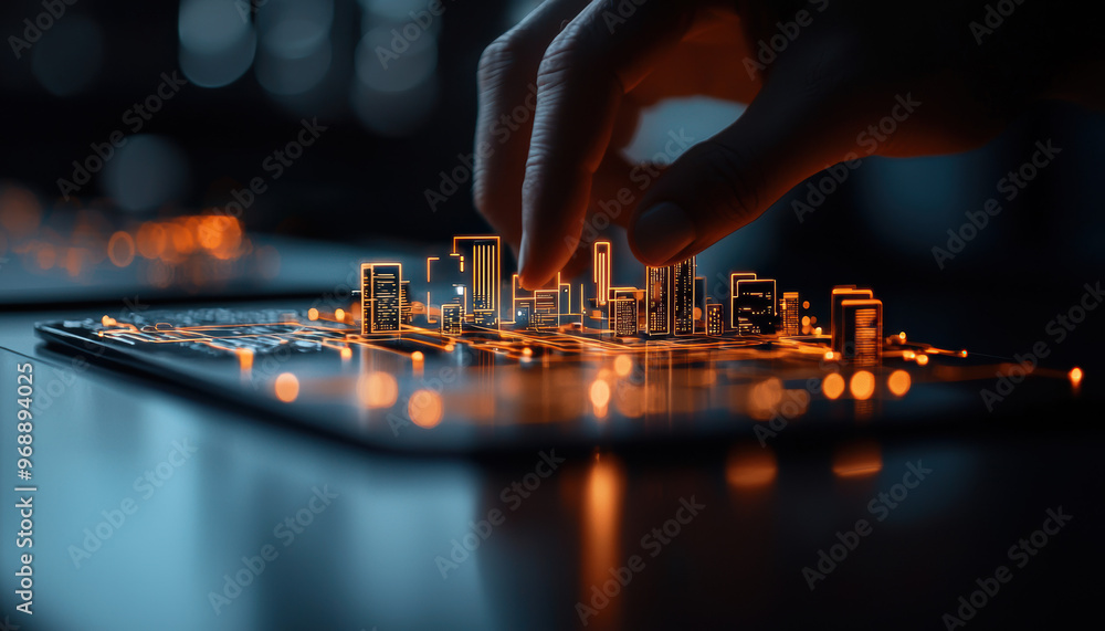 Poster engineer adjusting smart sensors on a mechanical structure designed for future road systems
