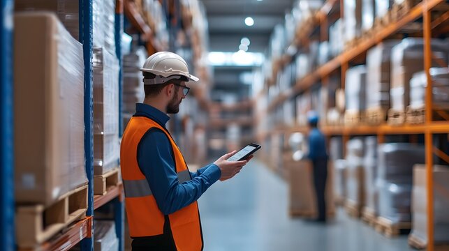 28. A warehouse with employees using handheld devices for inventory management