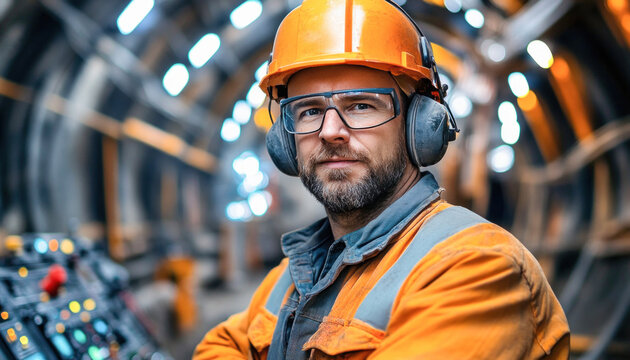 Mining engineer wearing hard hat and safety glasses posing in a tunnel