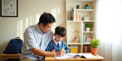 Fototapeta premium Engaged Asian Father Helps Son Study and Complete Schoolwork at Home