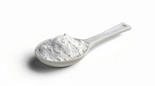 A spoonful of white powder is shown on a white background