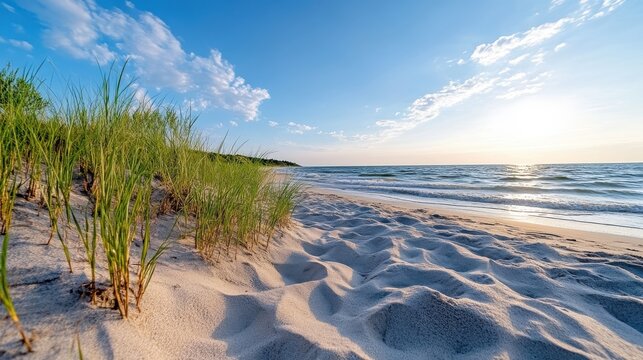 A tranquil beach scene featuring the sun setting over the horizon, calm ocean waves, and vegetated sand dunes. The sky is partly cloudy with soft sunlight.