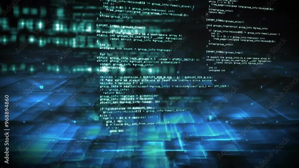 Poster animation of digital data processing over blue screens on dark background