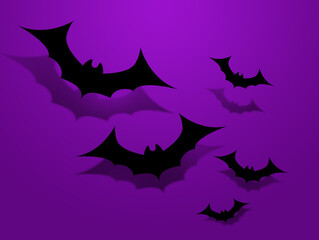 Black bats flying on purple background. Halloween celebration