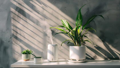 Air humidifier near houseplant against grey wall