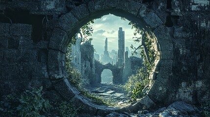 Enchanted Forest Gateway with Majestic Mountain Views and Cloudy Skies, Lush Greenery and Mysterious Stone Architecture in a Dreamlike Setting