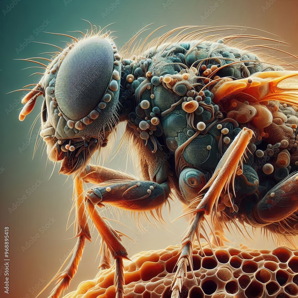 Poster a macro photograph capturing an insect perched on a textured surface. the image highlights the detai