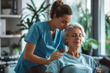 Obraz premium Female physiotherapist massaging mature woman in rehabilitation center. Banner for World Physical Therapy Day