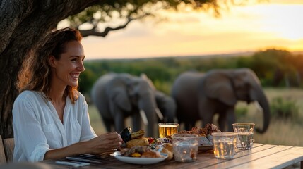 A woman seated near an outdoor table enjoys a variety of dishes while surrounded by elephants on a safari, focusing on the harmony between human activity and nature.