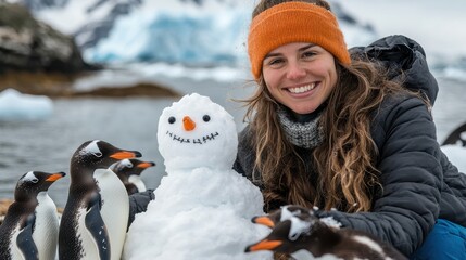 An elated woman, wearing an orange beanie and black jacket, constructs a snowman with a stitched smile, surrounded by inquisitive penguins in a picturesque icy landscape.