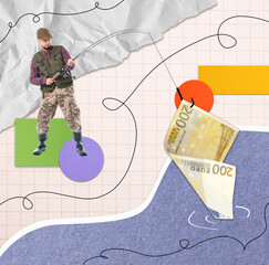 Fisherman catching euro banknote with rod, creative collage. Different paper sheets as background....