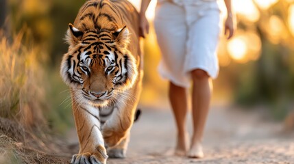 A person walks alongside a majestic tiger on a trail during sunset, highlighting the unique and surreal experience of bonding with a powerful wild animal.