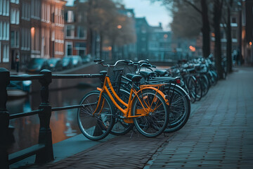 Yellow Bike Parked by Canal in European City
