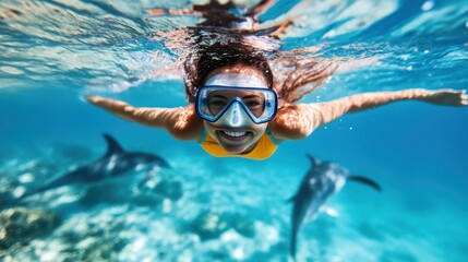 Naklejka premium A woman diver, equipped in yellow swimwear, swims underwater alongside two dolphins in a vibrant, clear blue sea, showcasing a mesmerizing moment of nature and adventure.