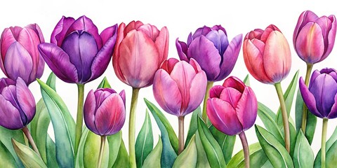 Obraz premium Watercolor painting of vibrant purple and pink tulips, perfect for springtime designs