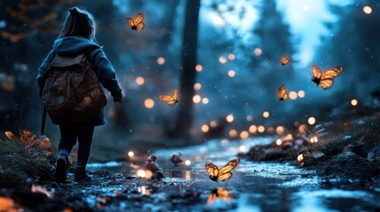 A child strolls through a forest path with illuminated butterflies fluttering around, evoking a sense of wonder and magical adventure in a serene woodland.