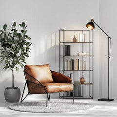 A cozy reading nook featuring a chair, bookshelf, plant, and lamp in a modern setting.