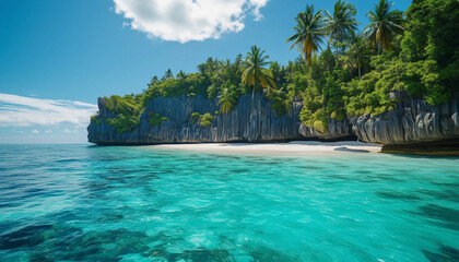 A stunning seascape of a tropical beach with crystal-clear turquoise waters and rocky cliffs 