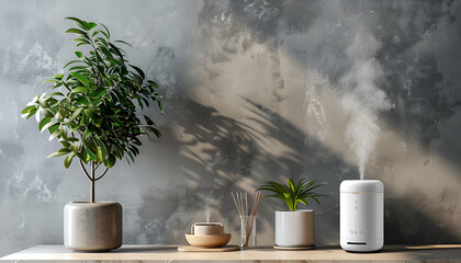 Air humidifier near houseplant against grey wall