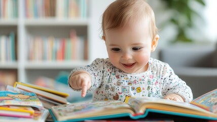 Cheerful baby pointing at pictures in a colorful book, surrounded by an assortment of children s books, Baby reading joy, learning through play, discovery