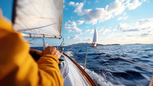 An individual steering a sailboat towards the horizon on open waters, with another sailboat in the distance, symbolizing adventure, exploration, and freedom, under a setting sun.