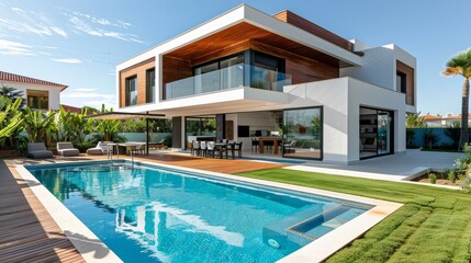 Fototapeta premium Modern house in Algarve with pool, white walls, wooden floor, wooden roof, outdoor dining area, garden, green grass, and deck leading to entrance.