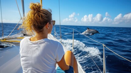 A woman sits under the sun on a boat, joyfully watching a dolphin leap out of the water nearby, marveling at the interaction with marine life amidst the open blue sea.