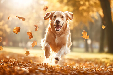  A  golden retriever running through an autumn park, leaves kicking up behind, warm and sunny afternoon light, joyful expression on the dog, soft motion blur.