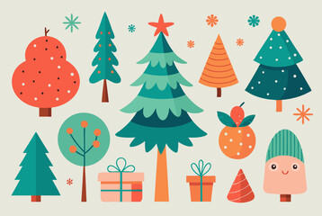 Festive christmas fir trees and gifts collection for holiday decor and art projects