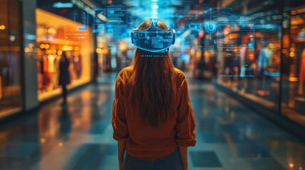 AI-enhanced personalized shopping experiences through virtual reality: A shopper in a virtual mall, trying on clothes and interacting with AI-guided assistants.