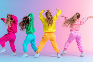 Five girls dancing hip-hop in vibrant colorful outfits and sneakers on a pastel gradient background, showcasing energy and creativity.