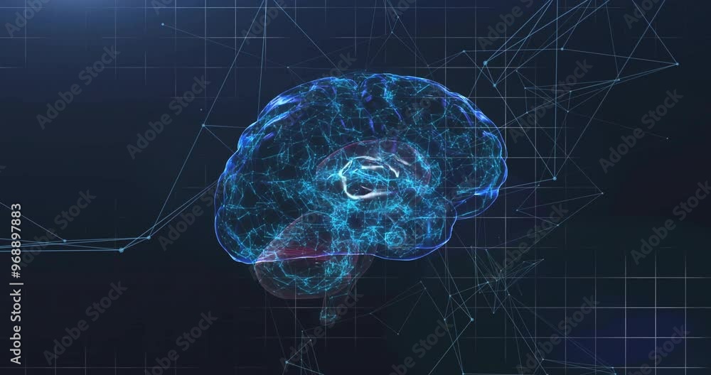 Poster animation of human brain and data processing over black background