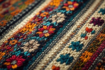 A close up of a woven tapestry with rich colors and complex patterns