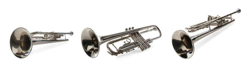 Obraz premium Trumpet isolated on white, collage. Musical instrument