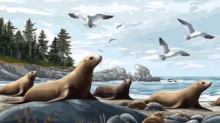 Fototapeta premium A group of sea lions basking on a rocky beach with seagulls flying overhead, under a partly cloudy sky.